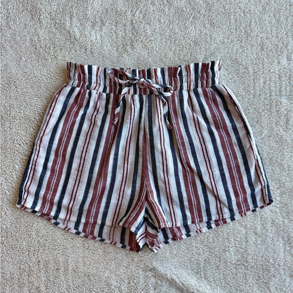 Cute High Stretch Waist Linen Striped Shorts | Size XS